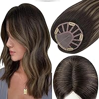 Full Shine Hair Topper Silk Base Crown 5 * 5 Inch Toupee Real Human Hair Color 2 Brown Fading to 2 Brown and 8 Blonde Highlight Top Hair Piece for Women Hair Loss 14 Inch