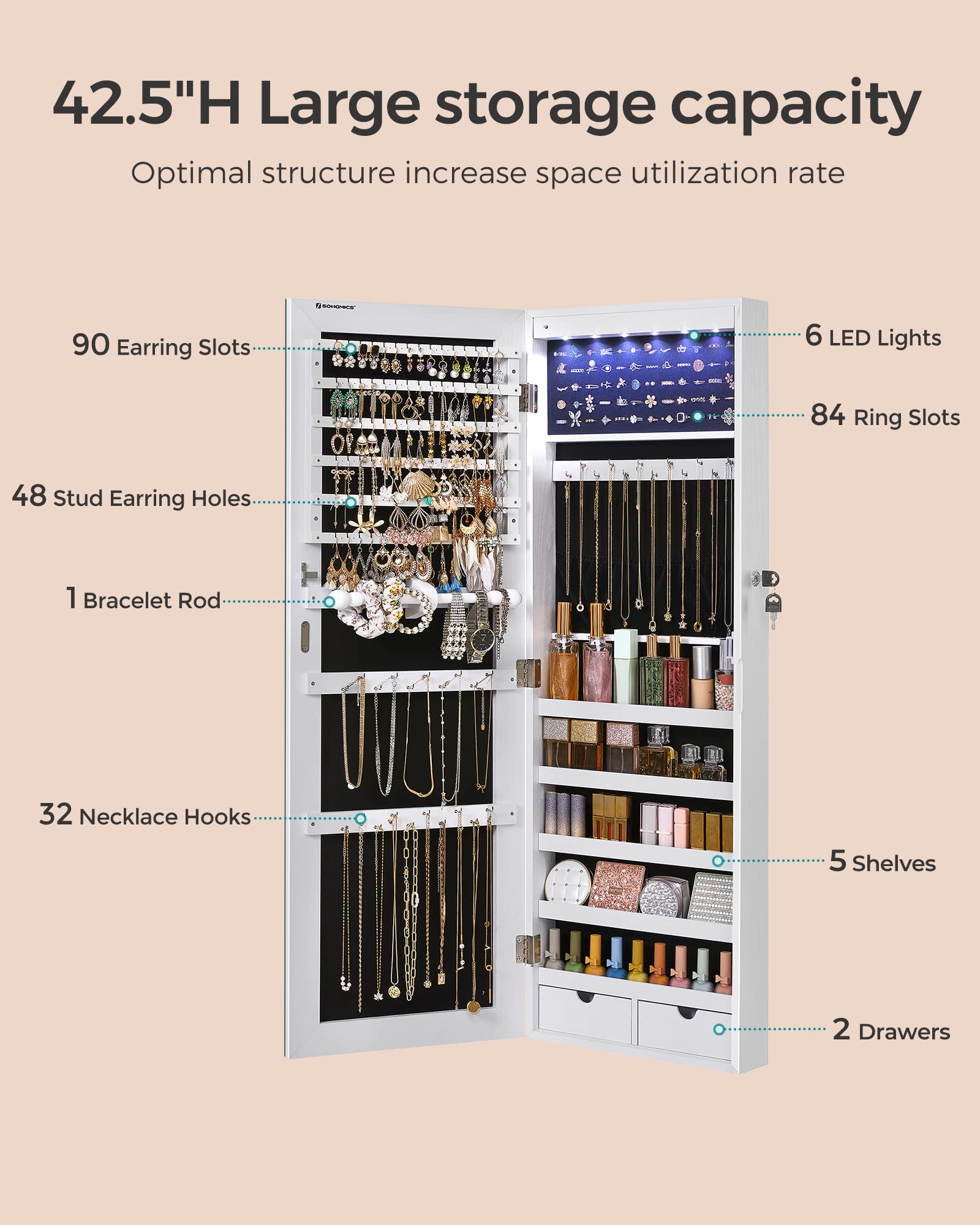 SONGMICS Hanging Jewelry Cabinet, Wall-Mounted with LED Interior Lights, Door-Mounted Jewelry Organizer, Full-Length Mirror, Gift Idea, White UJJC99WT