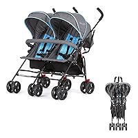 Volgo Twin Umbrella Stroller in Blue, Lightweight Double Stroller for Infant & Toddler, Compact Easy Fold, Large Storage Basket, Large and Adjustable Canopy