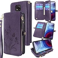 Lacass [Cards Theft Scan Protection 10 Card Slots Holder Zipper Pocket Wallet Case Flip Leather Cover with Wrist Strap Stand for Moto G Power (2021) Case(Floral Dark Purple)