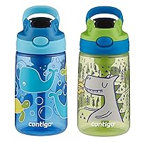 Contigo Aubrey Kids Cleanable Water Bottle with Silicone Straw and Spill-Proof Lid, Dishwasher Safe, 14oz 2-pack, Whales & Dragon