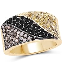 14K Yellow Gold Plated 1.24 Carat Genuine Black Diamond, Champagne Diamond and Yellow Diamond .925 Sterling Silver Ring