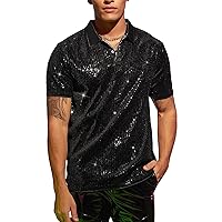 WDIRARA Men's Contrast Sequin Stand Collar Shirt Short Sleeve Party Polo Shirt Top