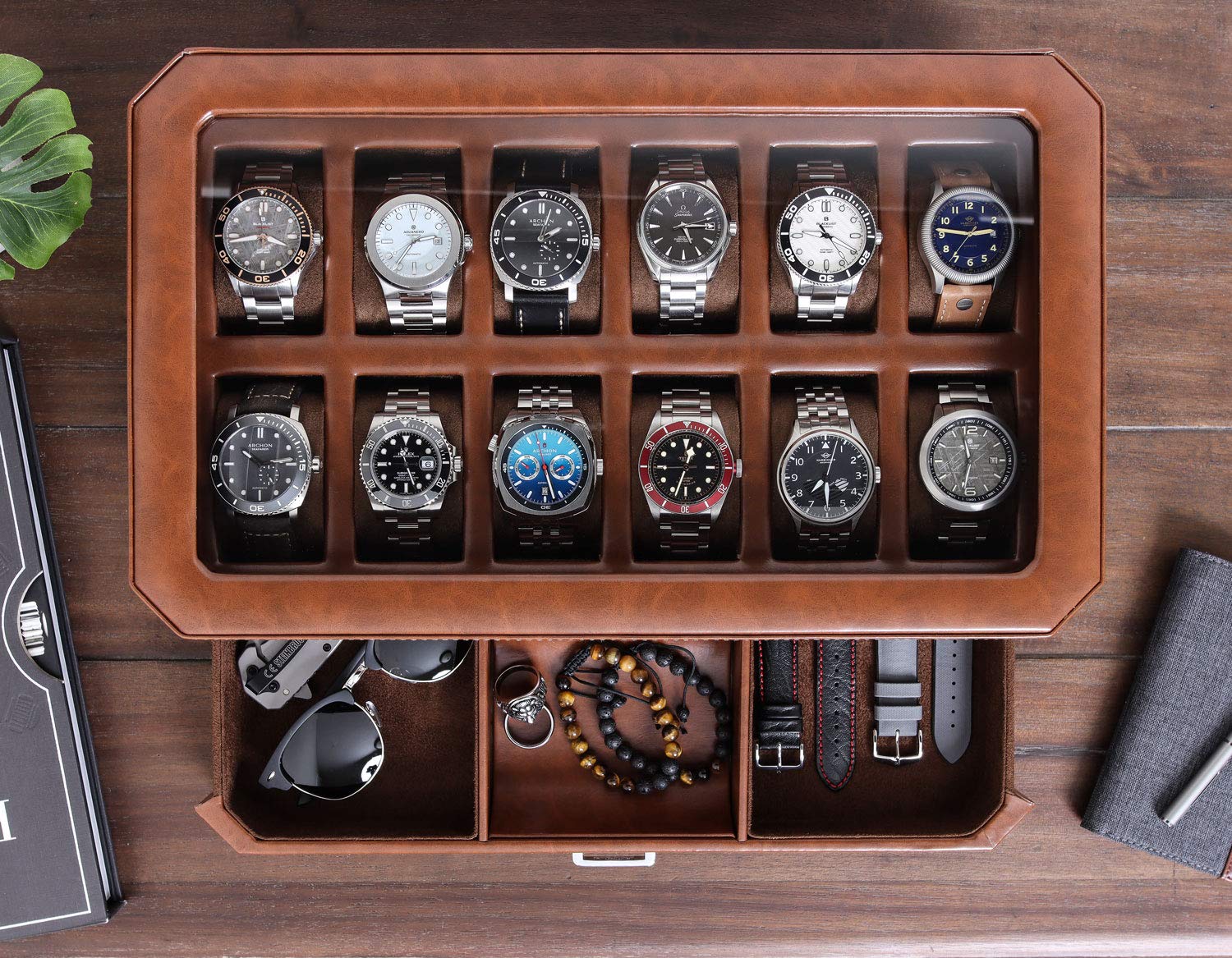 ROTHWELL 12 Slot Leather Watch Box with Valet Drawer & Double Watch Winder - Luxury Watch Case Display Organizer, Microsuede Liner, Mens Accessories Holder, Jewelry Case, Jewelry Display Organizer
