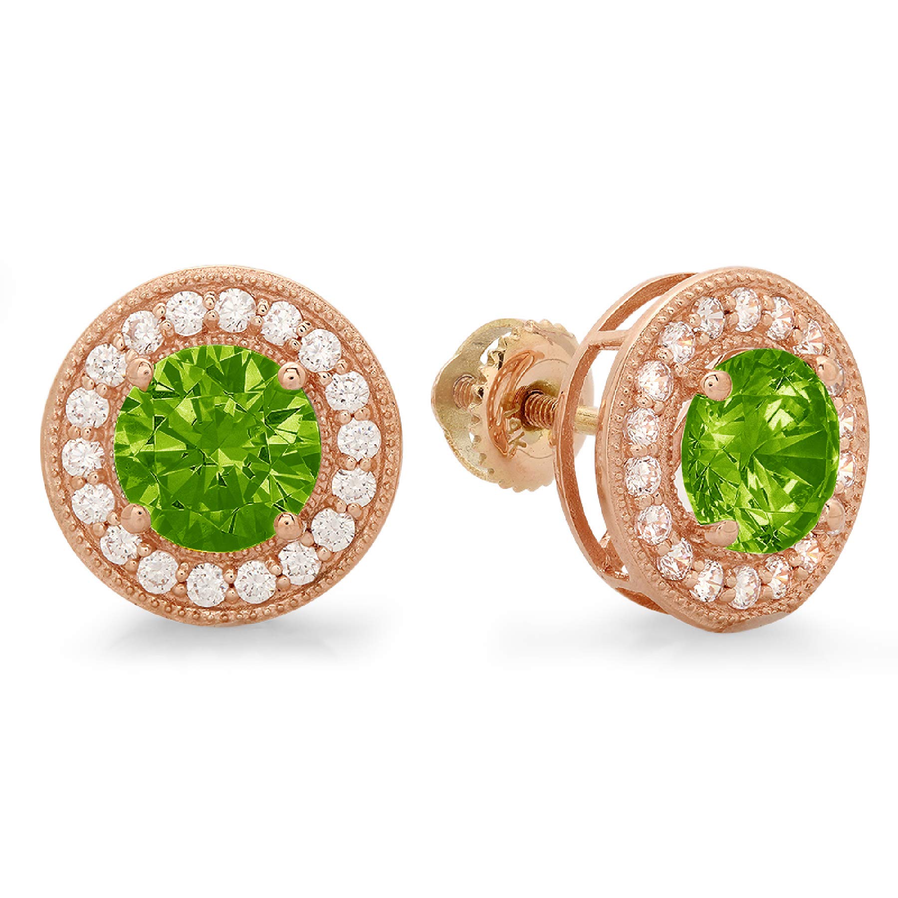 Clara Pucci 3.7 ct Brilliant Round Cut Halo Solitaire VVS1 Flawless Natural Green Peridot Gemstone Pair of Solitaire Stud Screw Back Earrings Solid 18K Rose Gold