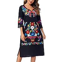 YZXDORWJ Women Embroidered Mexican Present Lace Sleeves Party Floral Traditional Bridesmaid Dress.