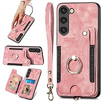S23+ Plus Case,Card Holder Wallet for Galaxy S23 Plus Case,Ring Holder Stand,RFID-Blocking,Wrist Strap,Camera Protector,Leather Protective Magnetic Flip Cover for Samsung S23 Plus Case (Pink)