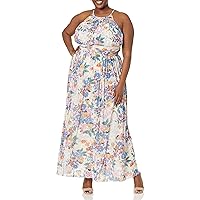 London Times Women's Mesh Halter Maxi with Ruched Waistband Event Guest of Occasion Garden Party