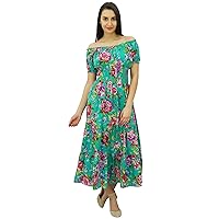 Bimba Printed Off Shoulder Party Wear Dress for Women’s Smocked Waist Maxi Flared Dress