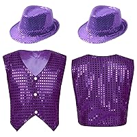 Kids Boys Sequin Dance Waistcoat with Hat Set for Jazz Hip Hop Dance Performance Costume Dancewear Fancy Party Outfits Purple 7-8 Years