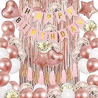 Amandir Rose Gold Birthday Party Decorations Kit, Confetti Foil Rose Gold Balloons Happy Birthday Banner Tassels Metallic Fringe Curtains 30th 40th 50th 60th Birthday Mother's Day Supplies for Women