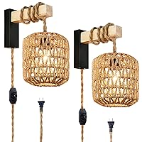 Capslad Plug in Wall Sconces Set of Two Dimmable Boho Rattan Wall Lamp with Wood Arm Rustic Wall Mount Lamp with Hemp Rope Cord Farmhouse Wall Light Fixture for Bedroom Living Room Hallway Entryway