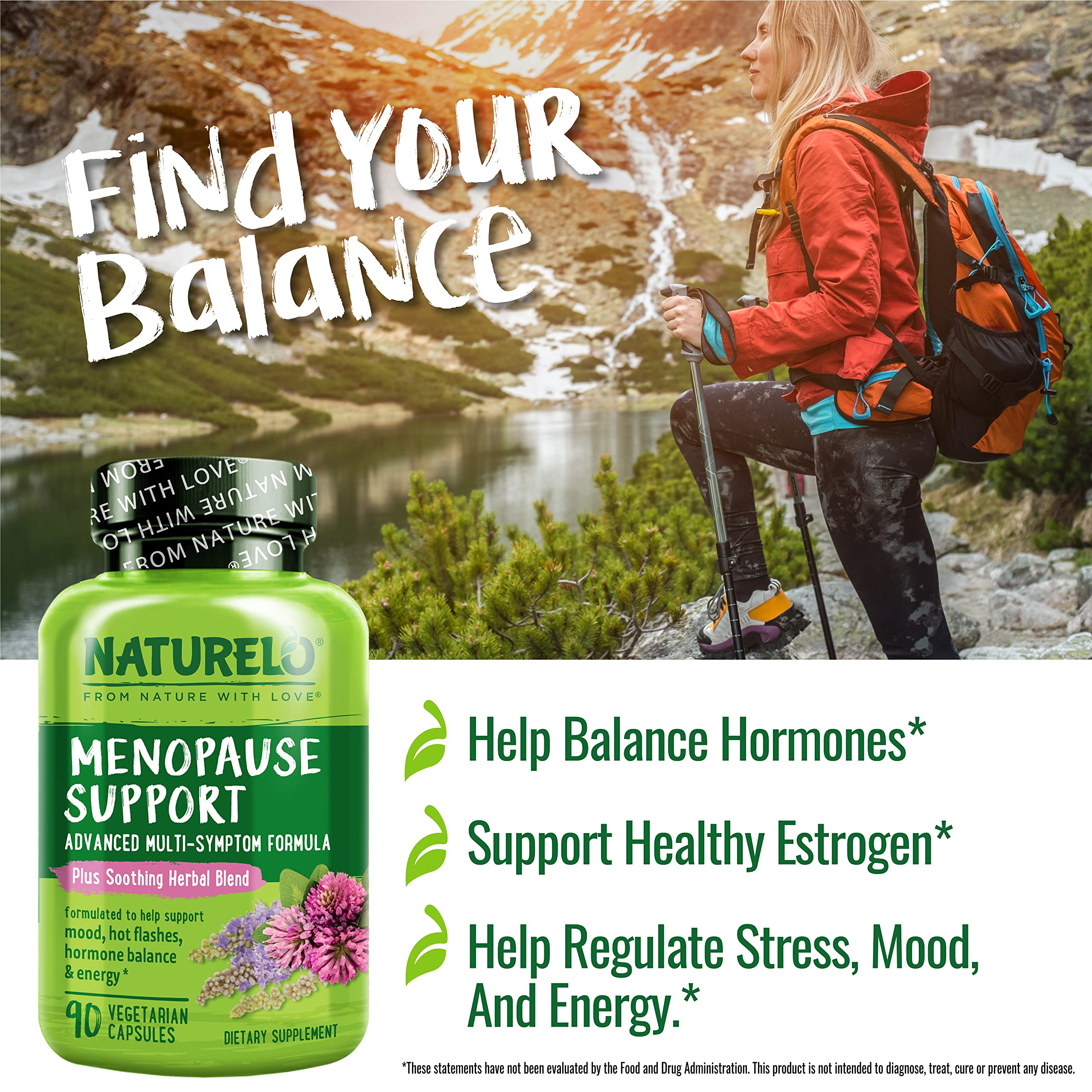 NATURELO Menopause Support, Advanced Multi-Symptom Formula w/Soothing Herbal Blend - 90 Vegetarian Capsules