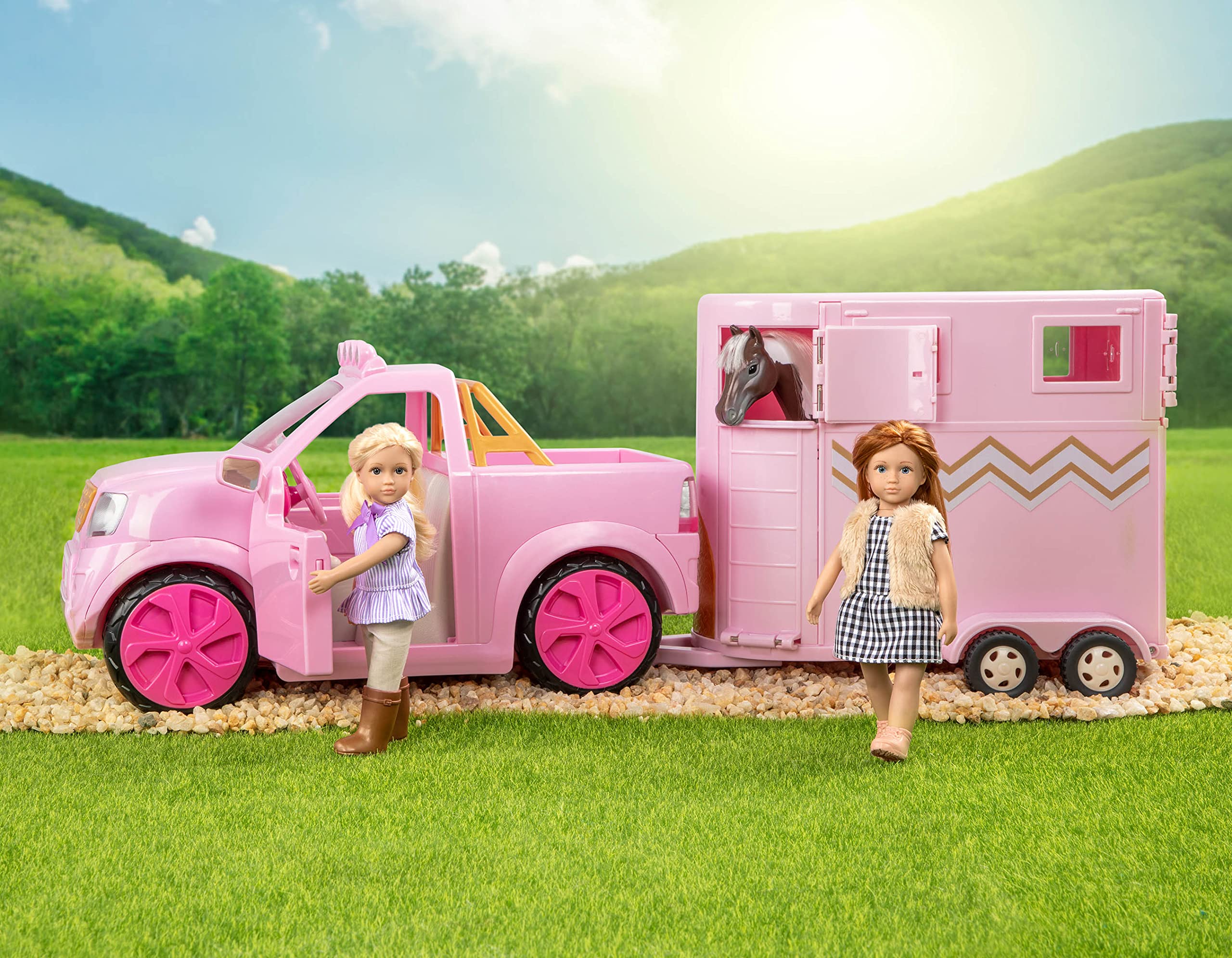 Lori Dolls – Ride & Shine Pickup Truck– Pick-Up Truck for Mini Dolls – Pink Car for 6-inch Dolls – Trailer Hitch & Openable Doors – Toy Vehicle for Kids – 3 Years + LO37113C1Z