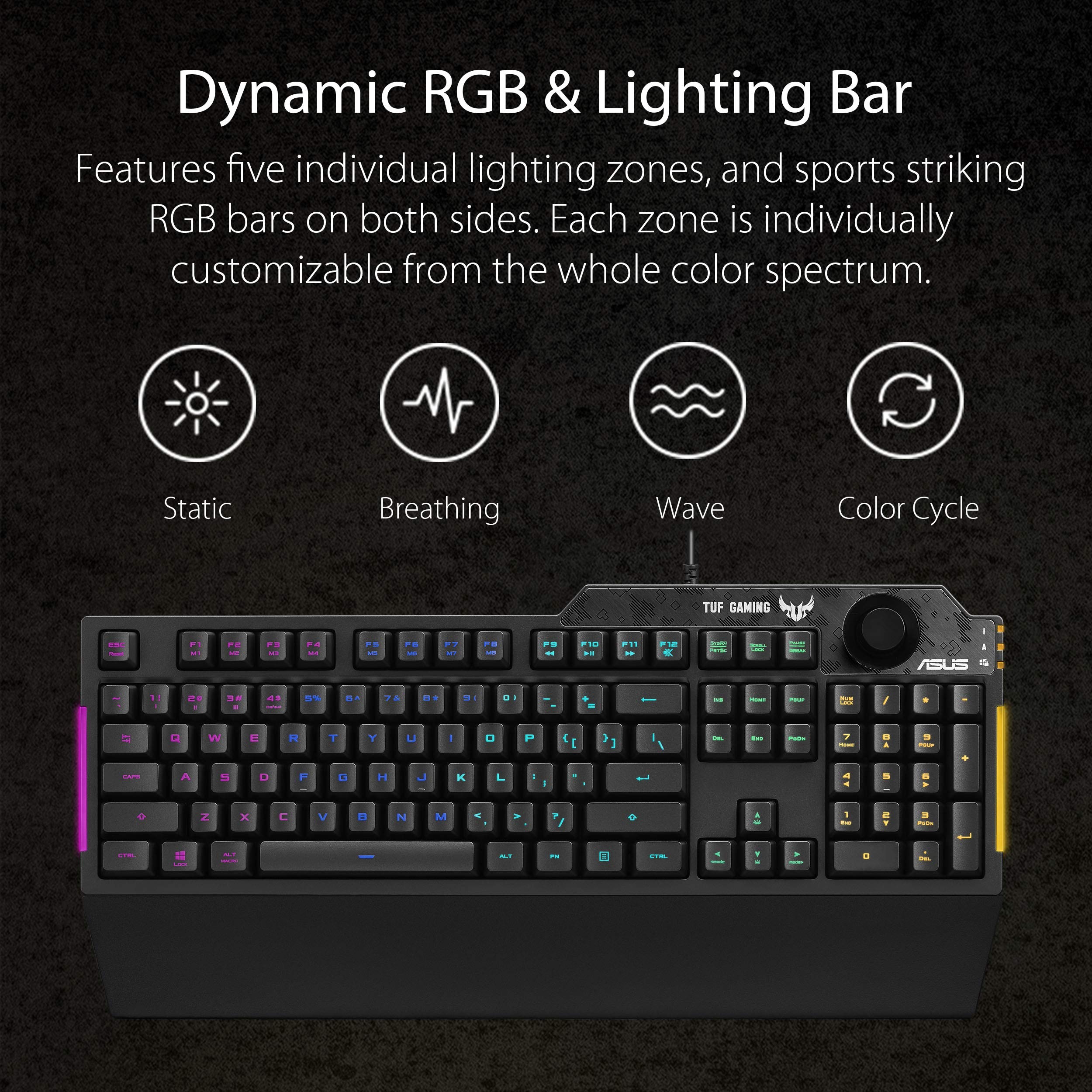 ASUS TUF Gaming K1 RGB keyboard with dedicated volume knob, spill-resistance, side light bar and Armoury Crate