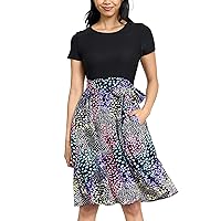 Eloges Women's Short Sleeve Contrast Sash Midi Dress with Pockets Egs (as1, Alpha, l, Regular, Regular, Short Black/Multi Ditsy)