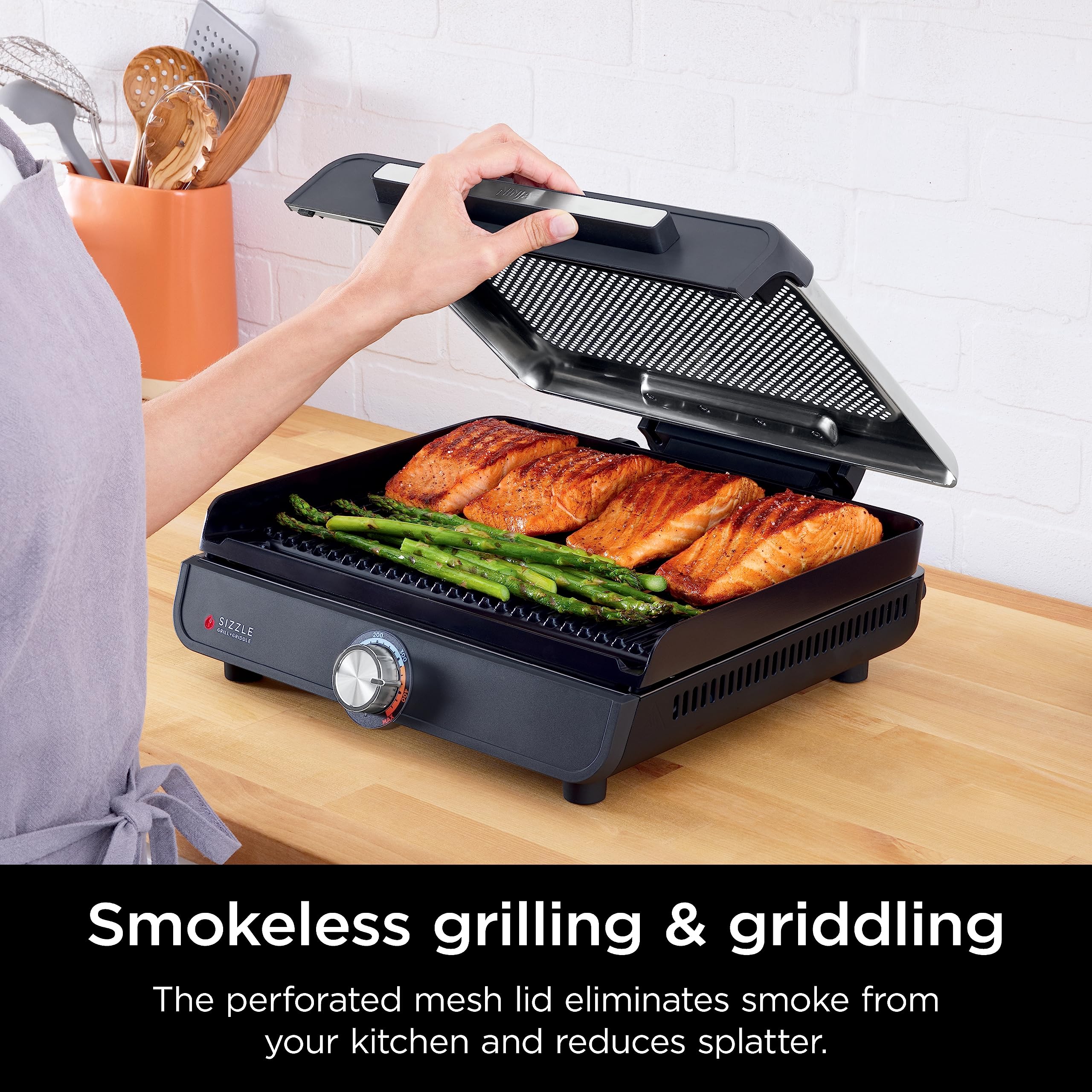 Ninja GR101 Sizzle Smokeless Indoor Grill & Griddle, 14'' Interchangeable Nonstick Grill and Griddle Plates, Dishwasher-Safe Removable Mesh Lid, 500F Max Heat, Even Edge-to-Edge Cooking, Grey/Silver