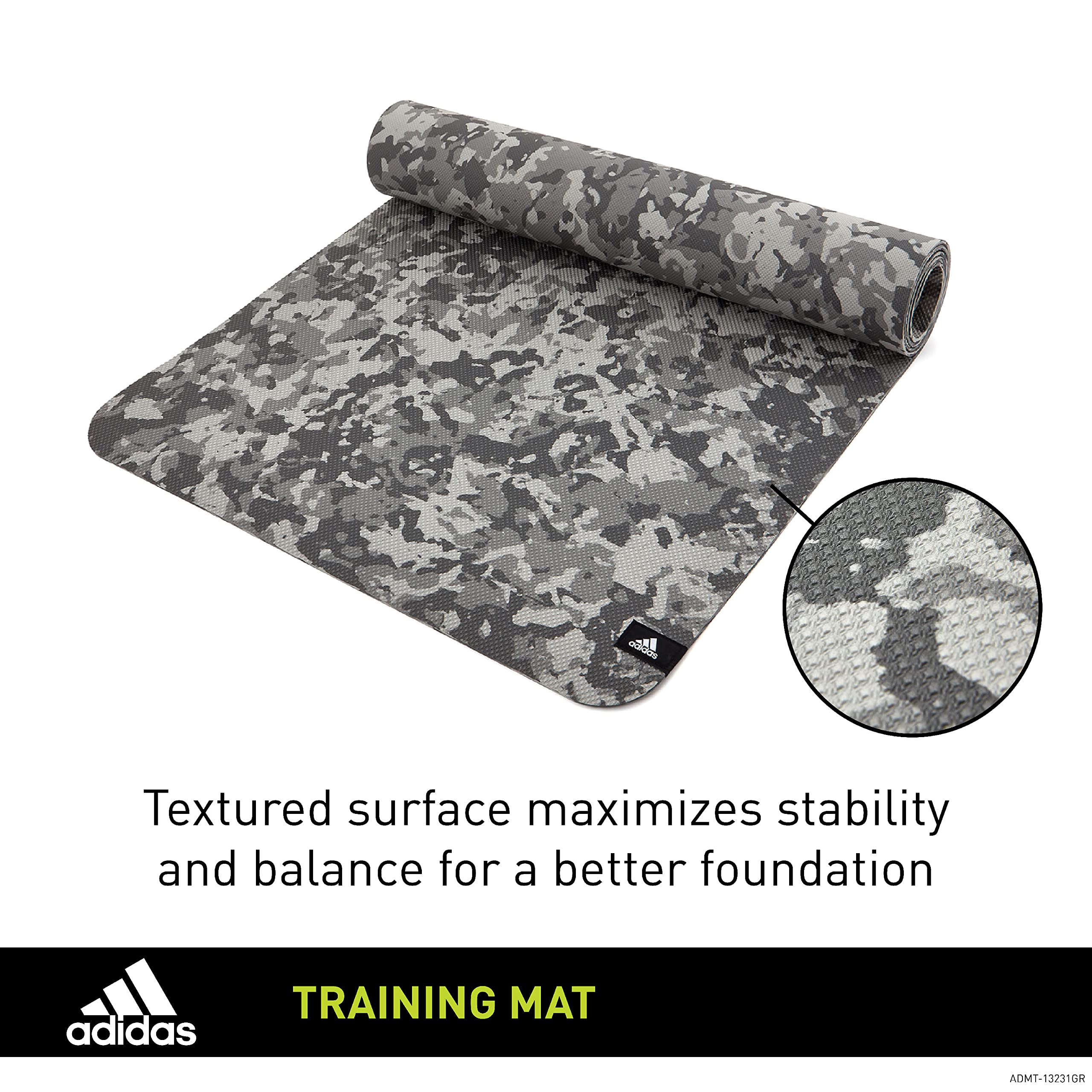 adidas 4mm Thick Textured Training Mat - Grip Texture for Support and Stability - Lightweight Non-Slip Workout Mat for Home Gym, Floor Workouts, and General Fitness - Portable and Durable - Grey Camo