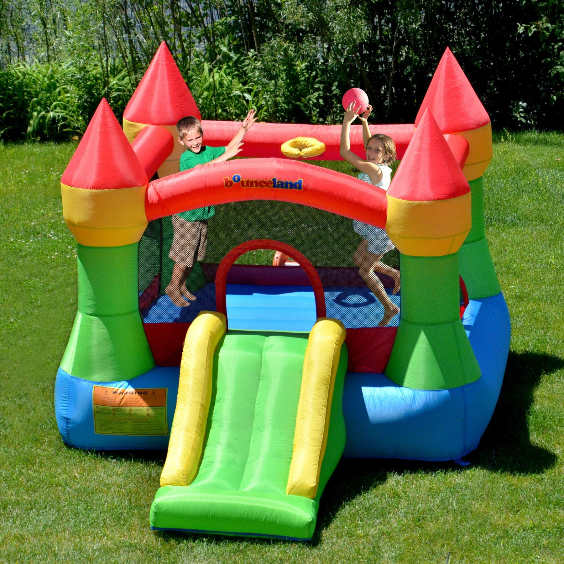 Bounceland Bounce House Castle with Basketball Hoop Inflatable Bouncer, Fun Slide, Safe Entrance Opening, UL Certified Strong Blower Included, 12 ft x 9 ft x 7 ft H