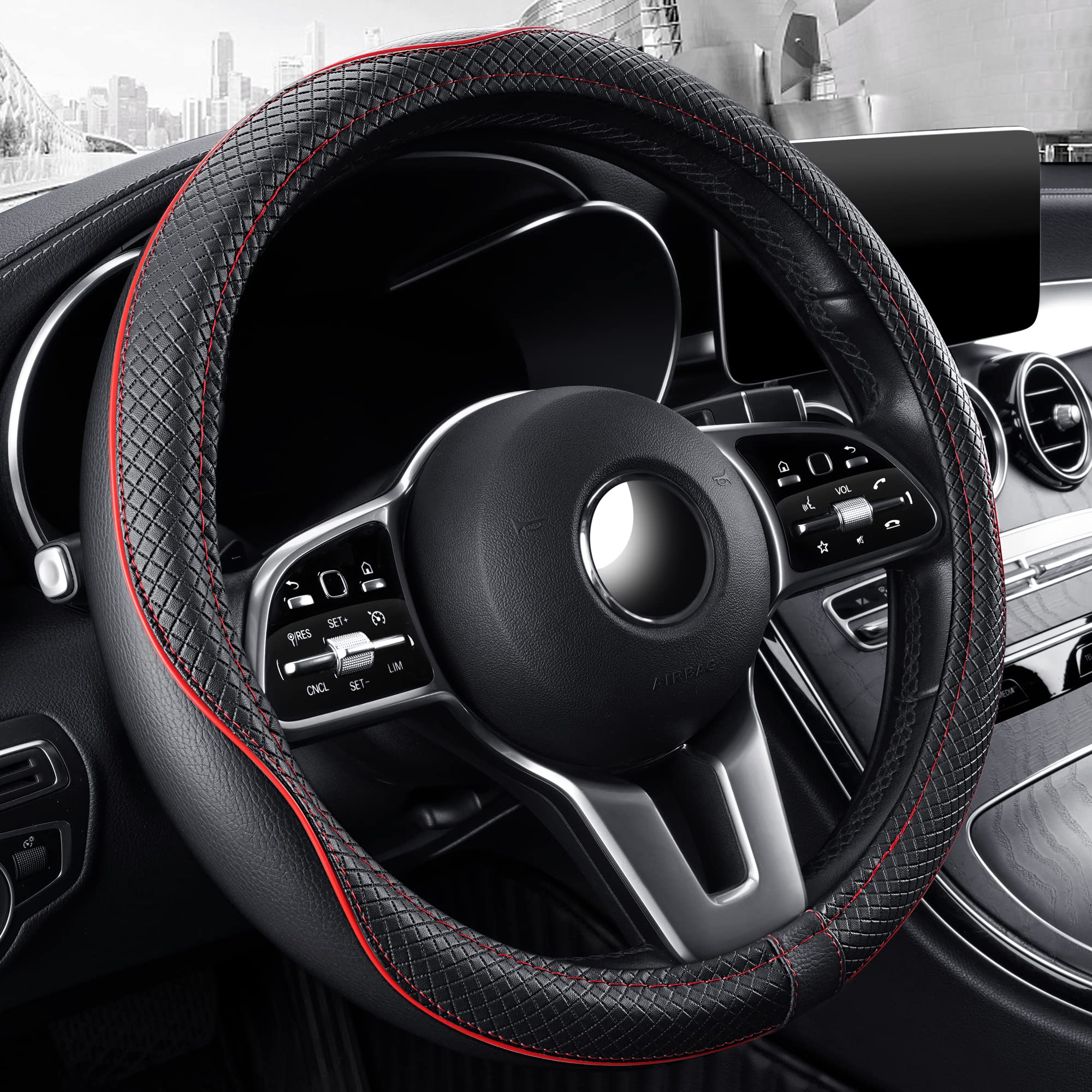 GXT Steering Wheel Cover, PU Leather, Universal 15 Inches, Non-Slip and Odourless Car Interior (Black-Red)