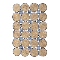 Scalloped Collection Rectangular Area Rug 3'x5' Ft' Beige and Blue Scallop Design Chindi Cotton and Jute Rug Ideal for High Traffic Area Living Room Bedroom Dining Room