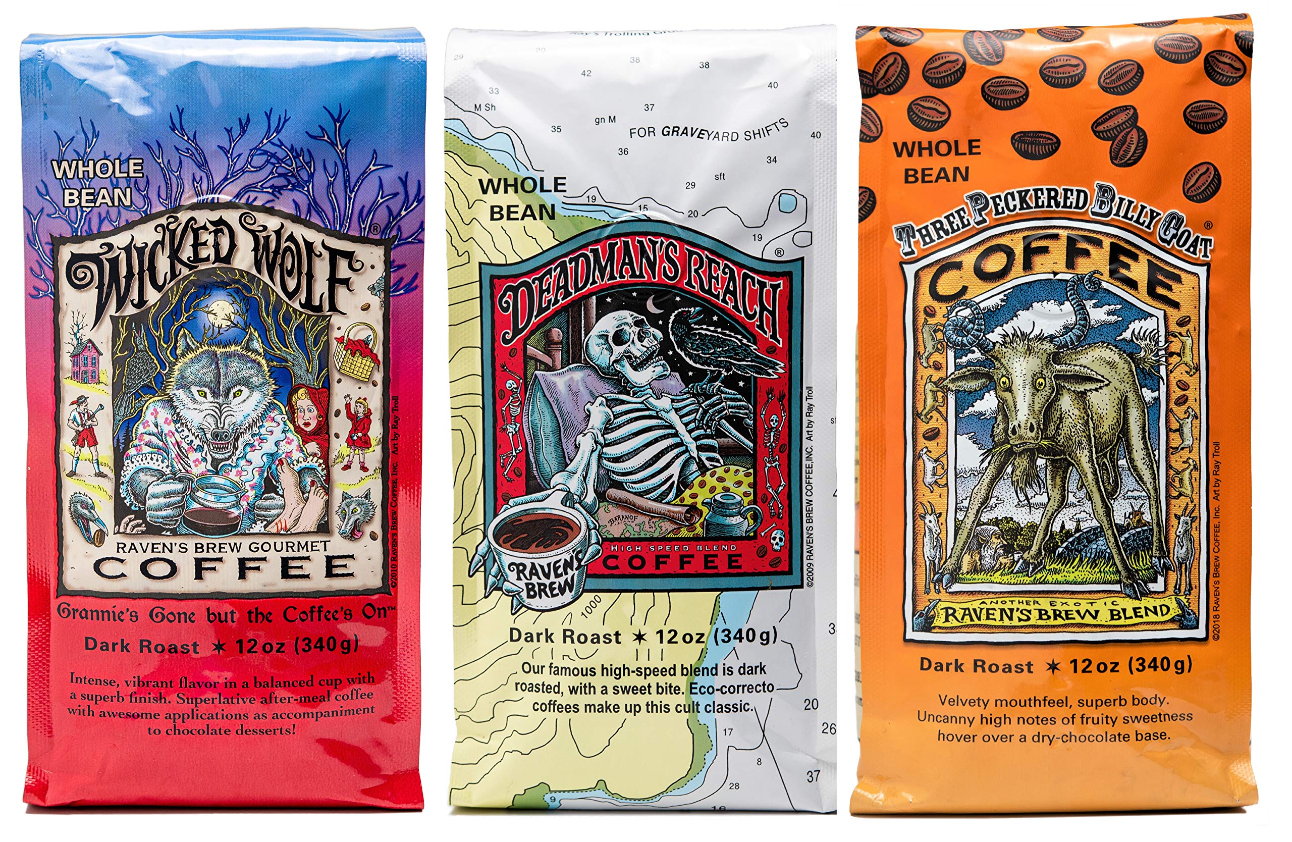 Raven's Brew Whole Bean Coffee Variety Pack - 3 Delicious Flavors - Wicked Wolf, Three Peckered Billy Goat and Deadman's Reach - 12 oz each