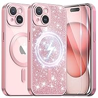 for iPhone 15 case Glitter Bling Women Girls Cute, [DIY Sparkly Layer] Compatible with Magsafe [Detachable Camera Lens Protector] Shockproof Soft Clear Phone case for iPhone 15 6.1'', Pink