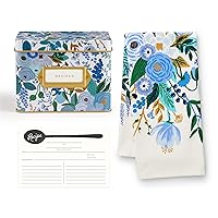 RIFLE PAPER CO. Garden Party Blue Recipe Tin, Gold Metallic Interior, Charcoal Spoon Recipe Cards, Pack of 12, Organize Your Cooking Prowess, Garden Party Blue Tea Towel, 28