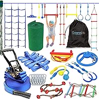 SereneLife Ninja Obstacle Course Slack Line 50ft Slackline with 18 Jungle Gym Tree Climbing Attachments Outdoor Play Equipment Set, Rope Ladder & Accessories, Assorted Color