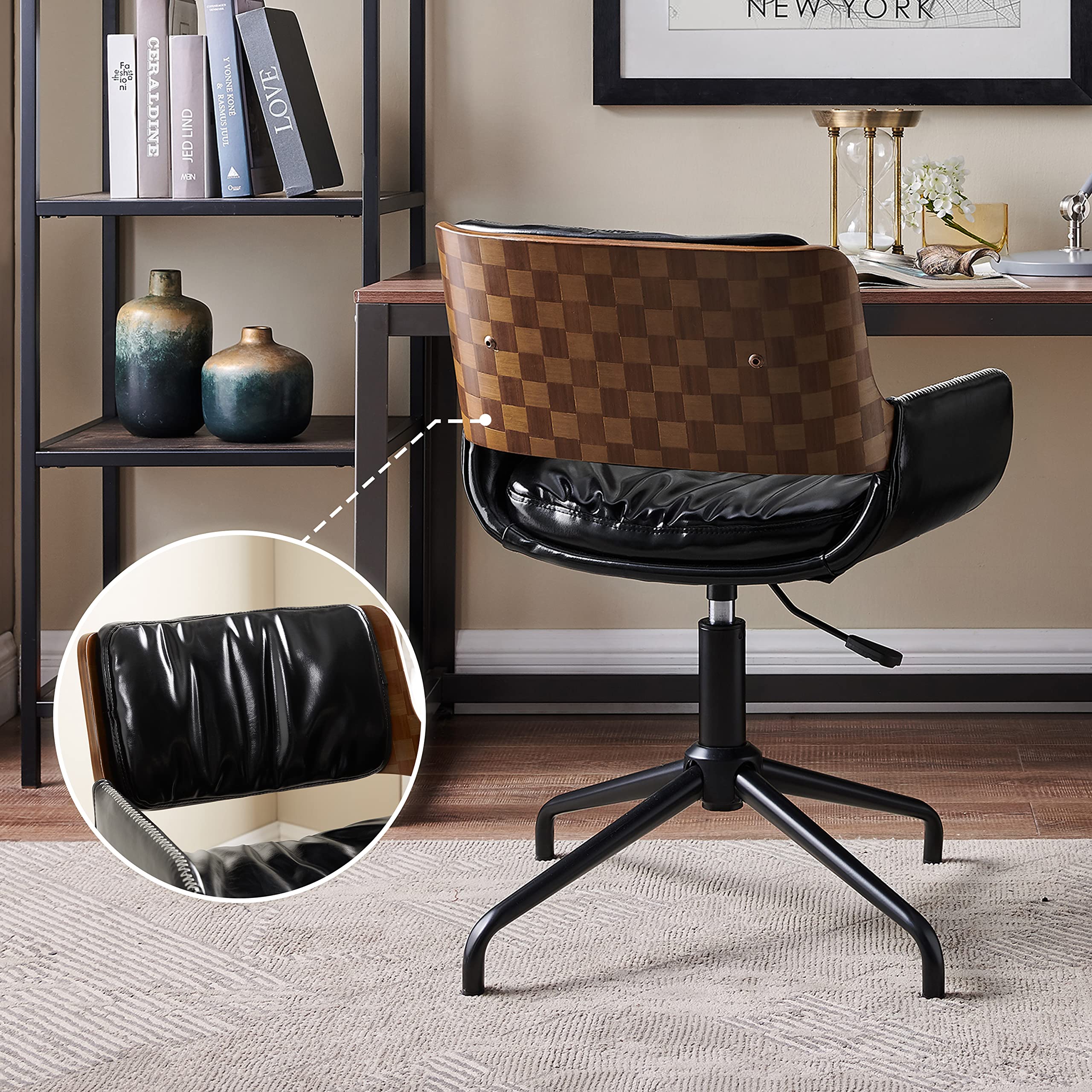 Volans Mid Century Modern Swivel Home Office Desk Chair No Wheels, Faux Leather Adjustable Height Task Chair with Bentwood Back, Black