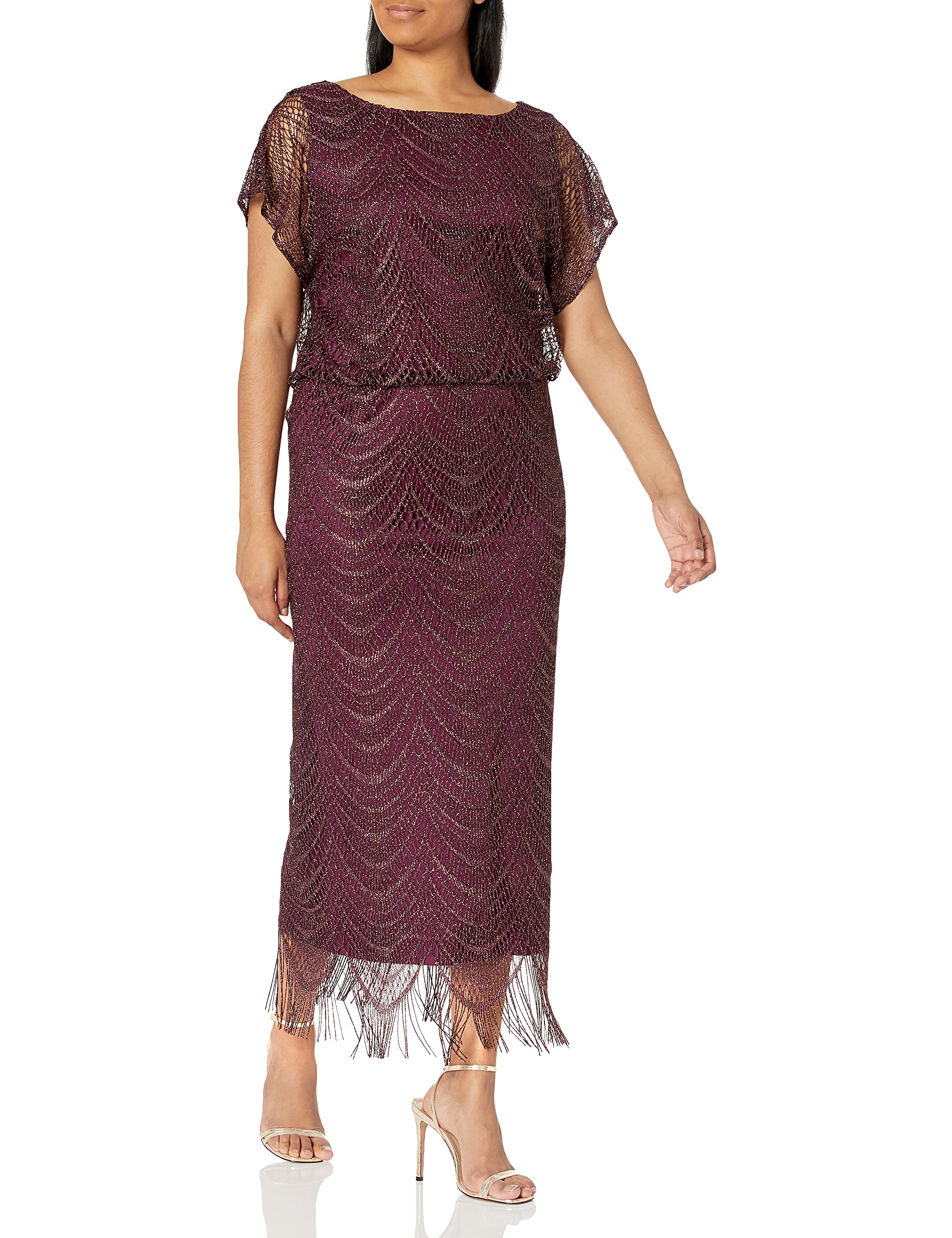 S.L. Fashions Women's Blouson Metallic Crochet Dress with Fringe Hemline