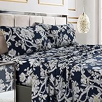 Tribeca Living King Bed Sheet Set, Soft Cotton Sateen Printed Sheets Floral Print, Extra Deep Pocket, 300 Thread Count, 4-Piece Bedding Sets, Colmar Navy Blue/Multi