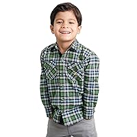 Toddler Boys' 100% Pima Cotton Green Plaid Shirt - Western Check Roll Up Dress Shirt