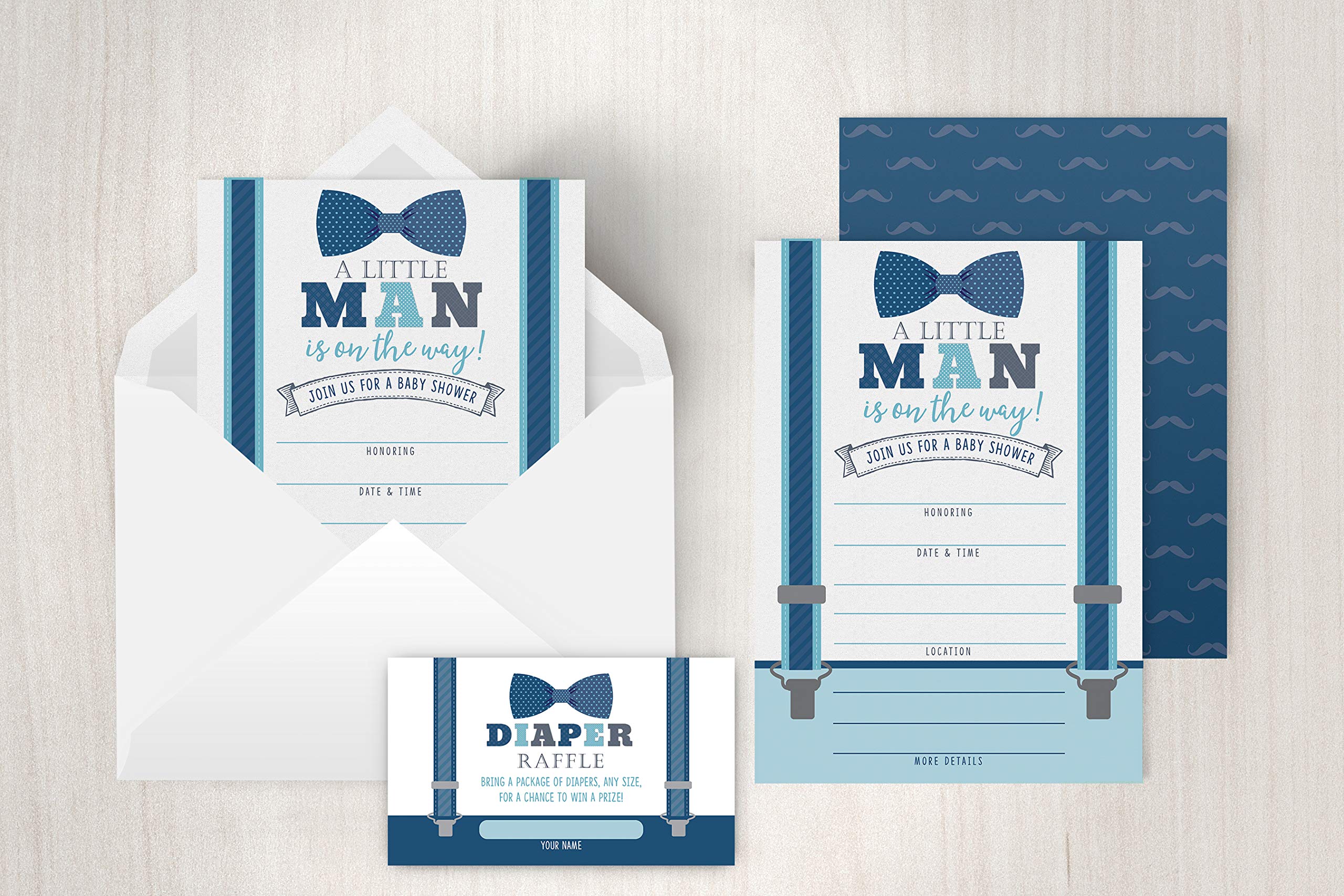 Your Main Event Prints Little Man Baby Shower Invitations, Boy Baby Shower Invites with Diaper Raffles Cards, Bow Tie and Mustaches, Sprinkle, 20 Invites Including Envelopes
