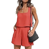 ZESICA Women's 2024 2 Piece Set Linen Tank Crop Tops and Shorts Summer Two Piece Vacation Outfits Tracksuits