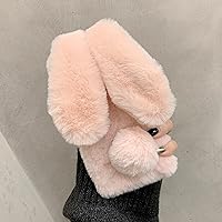 Compatible with iPhone 14 Pro Max Rabbit Fur Case, Soft Fluffy Furry Cute Bunny Plush Rabbit Cover Warm Big Ear Bling Crystal Rhinestone Bowknot Ultra Thin Case for iPhone 14 Pro Max Women Girls