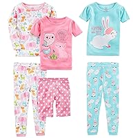 Simple Joys by Carter's Girls' 6-Piece Snug Fit Cotton Pajama Set, Blue Bunny/Pink Dots/White Forest Animals