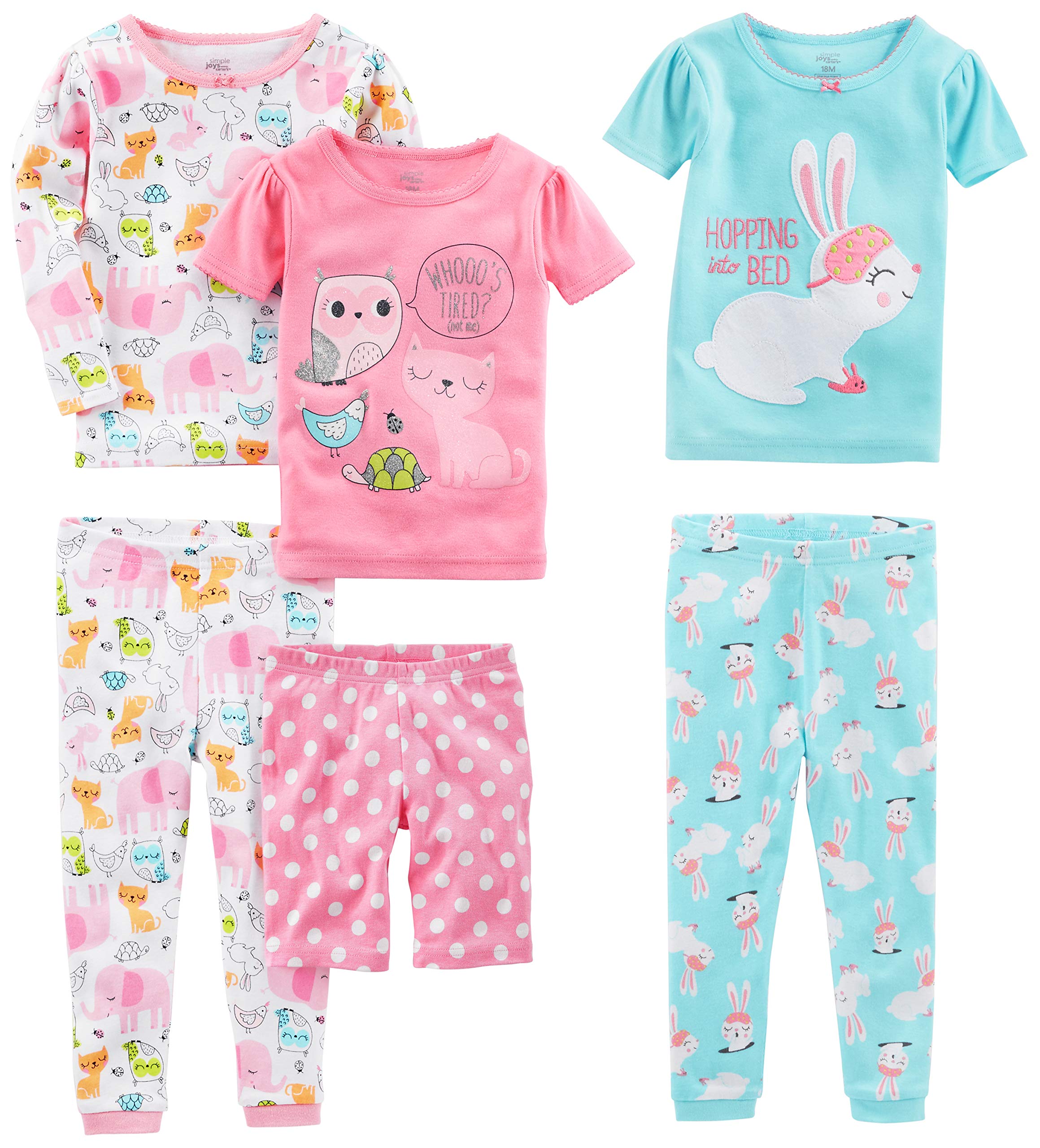 Simple Joys by Carter's Babies, Toddlers, and Girls' 6-Piece Snug-Fit Cotton Pajama Set, Pack of 3
