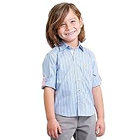 Boys' Blue Oxford Striped Dress Shirt with Roll Up Sleeve - 100% Pima Cotton