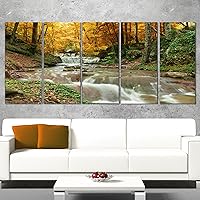Designart Forest Waterfall with Yellow Trees Landscape Artwork Canvas Print, 60 x 28 in-5 Equal Panels