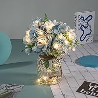 Artificial LED Blue Rose Flowers with Glass Vase, Remote Control Led Light, Flower Arrangement for Table Centerpiece, Home Office Wedding Decoration