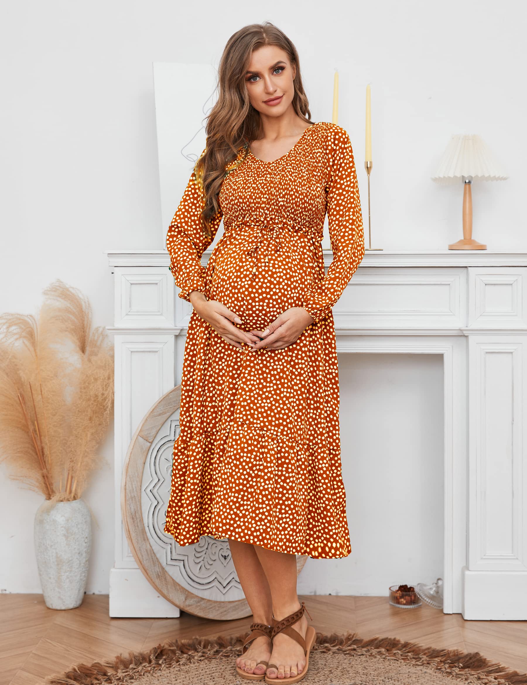 guruixu V Neck Floral Maternity Dress for Photoshoot Baby Shower, Flutter  Sleeve Fall Boho Causal Smocked Pregnancy Dress
