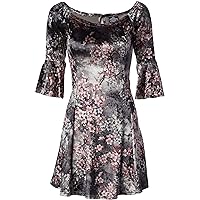 Angie Women's Grey Floral Crushed Velvet Skater Dress with Bell Sleeves