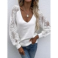 Women's Sweater Contrast Lace Raglan Sleeve Sweater Sweater for Women (Color : White, Size : Medium)