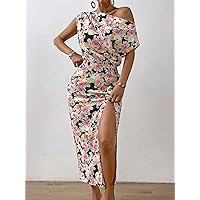 Women's Dresses Allover Floral Print Asymmetrical Neck Split Thigh Dress Dress for Women (Color : Black, Size : Small)