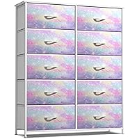Sorbus Kids Dresser with 10 Drawers - Storage Chest Organizer Unit Nightstand - Steel Frame, Wood Top, Tie-Dye Fabric Bins for Clothes - Wide Furniture for Bedroom, Hallway, Nursery, Closet, Apartment