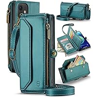 Crossbody for iPhone 12/12 Pro Wallet Case【RFID Blocking】with 7-Card Holder Zipper Bills Slot, Soft PU Leather Magnetic Wristlet Shoulder Strap for iPhone 12 Case Wallet for Women, Blue Green