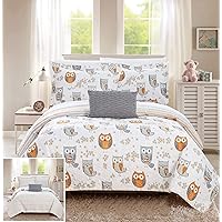 Chic Home Farm 3 Piece Reversible Quilt Set Cute It's A Hoot Owl Friends Youth Design Bed in a Bag-Decorative Pillow Sham Included, Twin, Grey