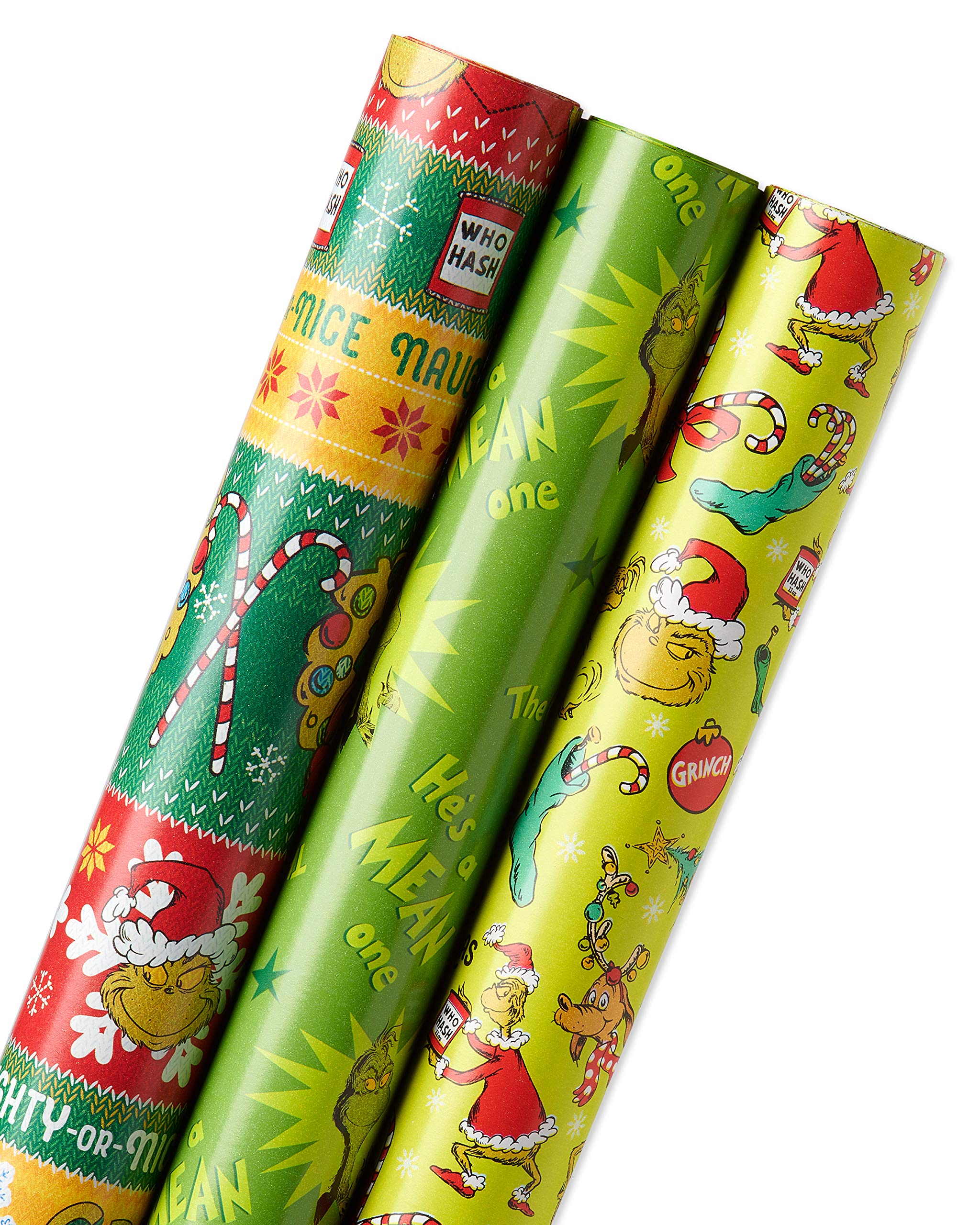 American Greetings Christmas Wrapping Paper with Cut Lines Bundle, The Grinch (3 Rolls, 105 sq. ft.)