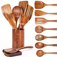 9 Piece Natural Teak Wooden Kitchen Utensil Set with Spoon Rest - Comfort Grip Cooking Spoons and Utensils Holder